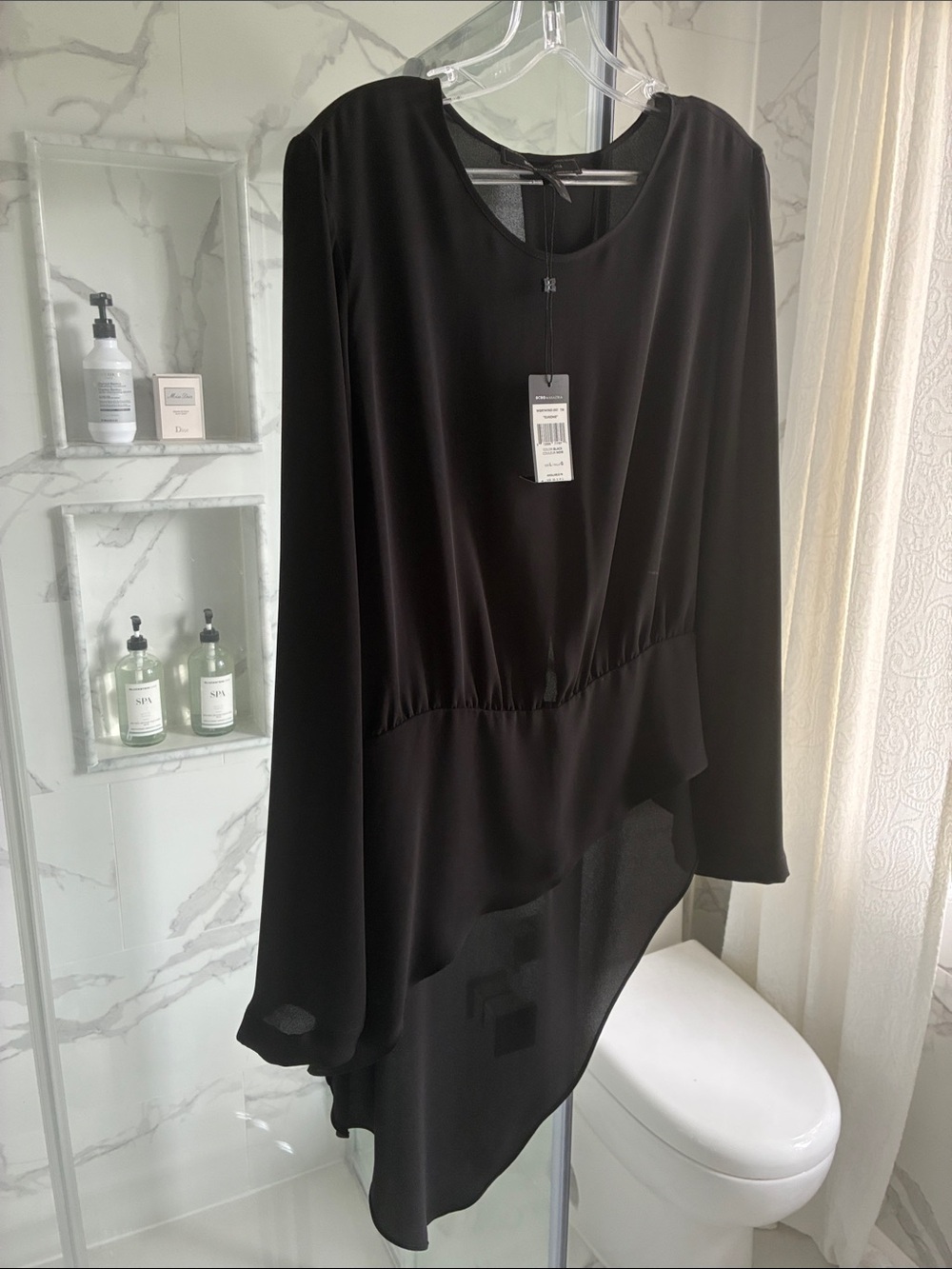 BCBGMaxAzaria Black Asymmetric Long-Sleeve Sheer Blouse